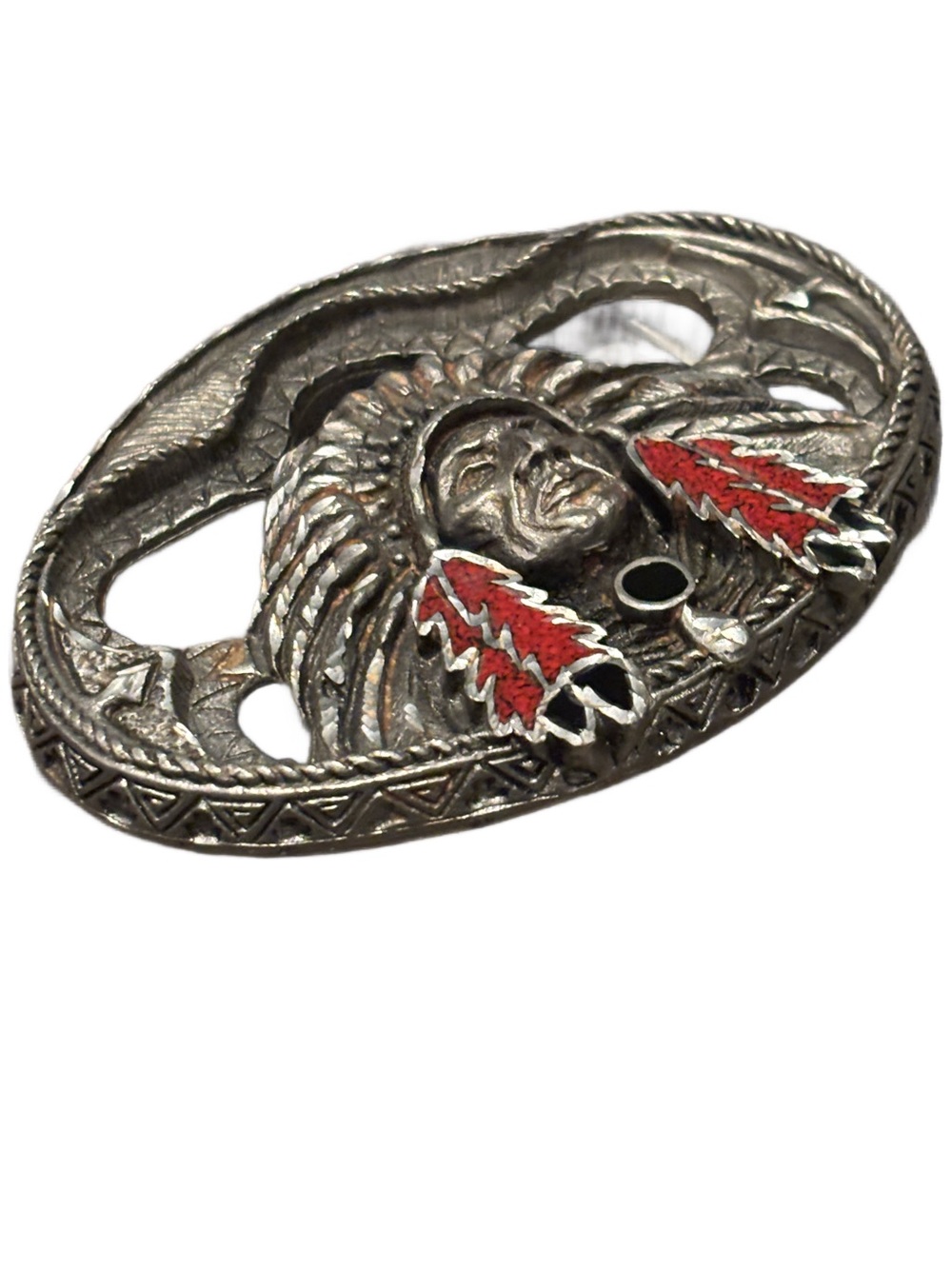 Vintage 90’s EJC (O) Native Chief Belt Buckle with Red Feather Accents - Picture 9 of 10